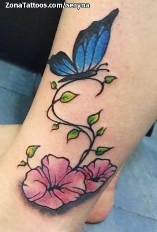 Foto de tatuaje Flores, Mariposas, Tobillo