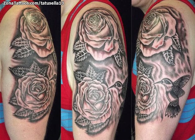 Tattoo photo Flowers, Roses, Humming bird