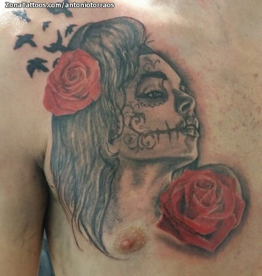 Foto de tatuaje Catrinas, Rosas, Aves