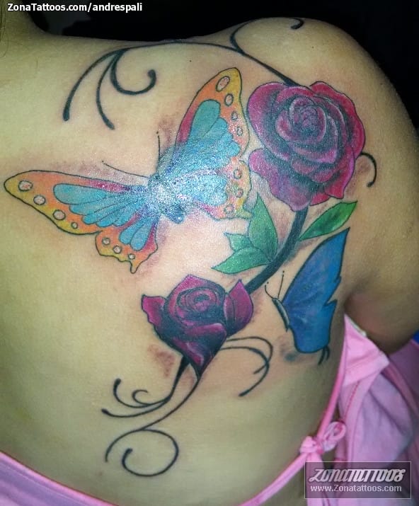 Tattoo photo Flowers, Butterflies, Shoulder blade