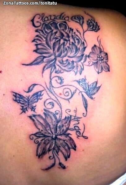 Foto de tatuaje Flores, Mariposas, Espalda