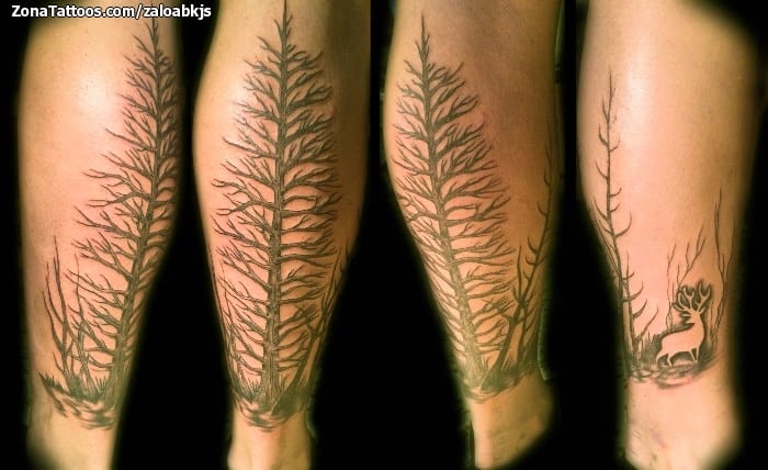 Tattoo photo Leg, Deers, Trees