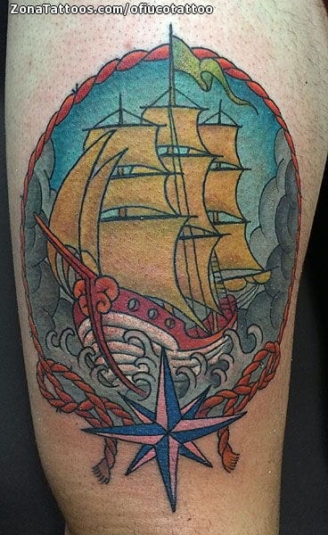 Tattoo photo Boats, Strings, Compass rose