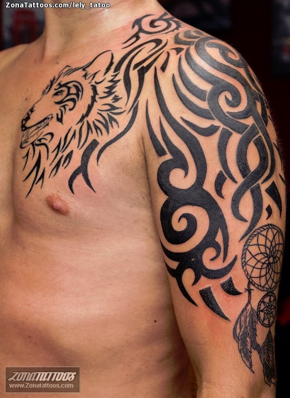 Tattoo of Tribal, Wolfs, Dreamcatcher