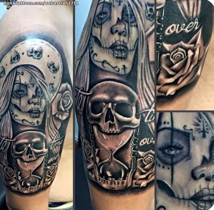 Tattoo photo Chicanos, Catrina, Clocks