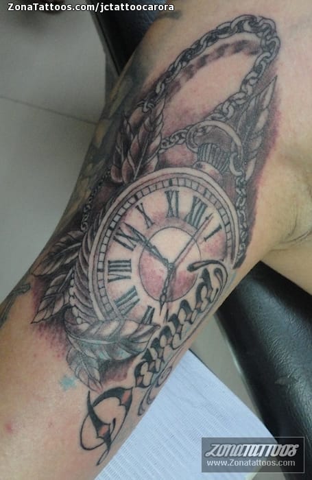 Tattoo of Clocks, Feathers, Chains