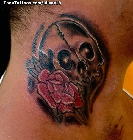 Foto de tatuaje Calaveras, Cuello, Rosas