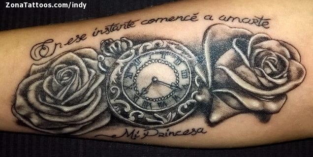 Foto de tatuaje Relojes, Rosas, Flores