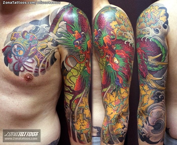 Tattoo photo Asian, Dragons, Peonies