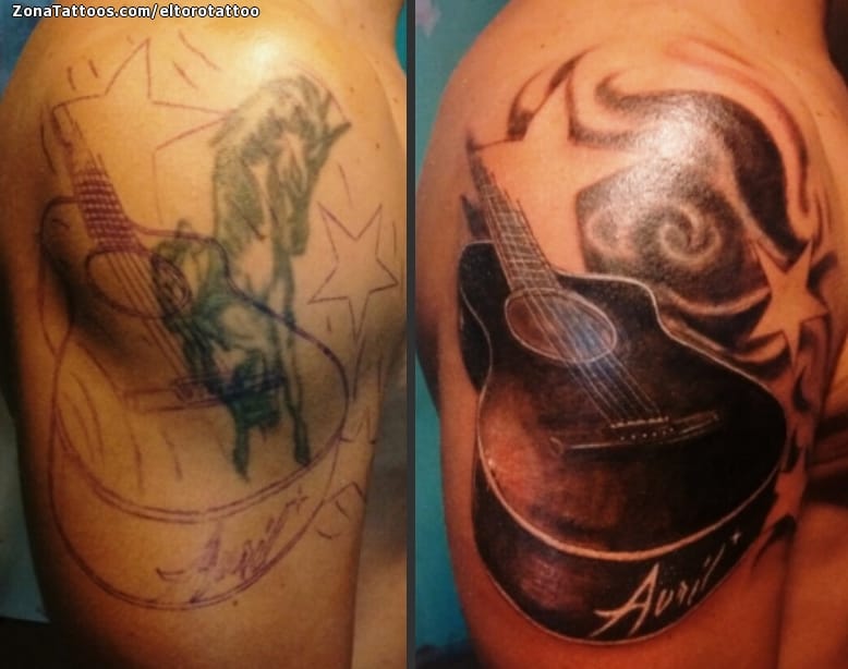 Foto de tatuaje Guitarras, Cover Up, Hombro