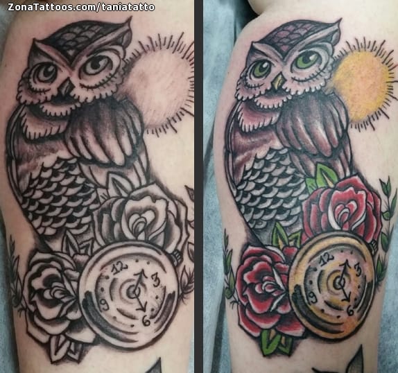 Tattoo photo Owls, Clocks, Birds