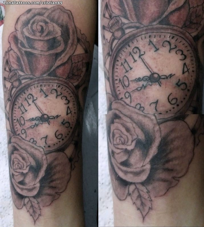 Tattoo photo Clocks, Roses, Flowers