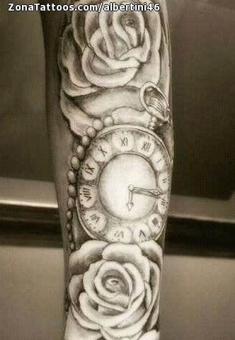 Tattoo photo Clocks, Roses, Flowers