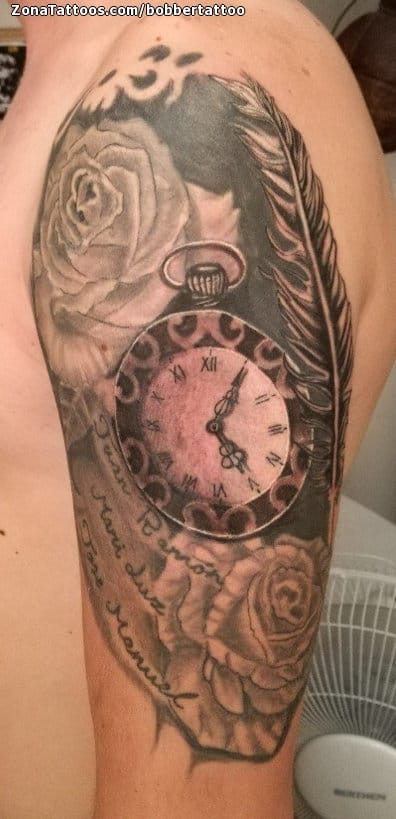Tattoo of Clocks, Feathers, Roses
