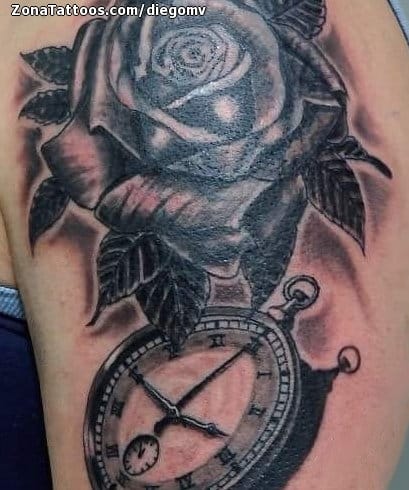 Foto de tatuaje Rosas, Relojes, Flores