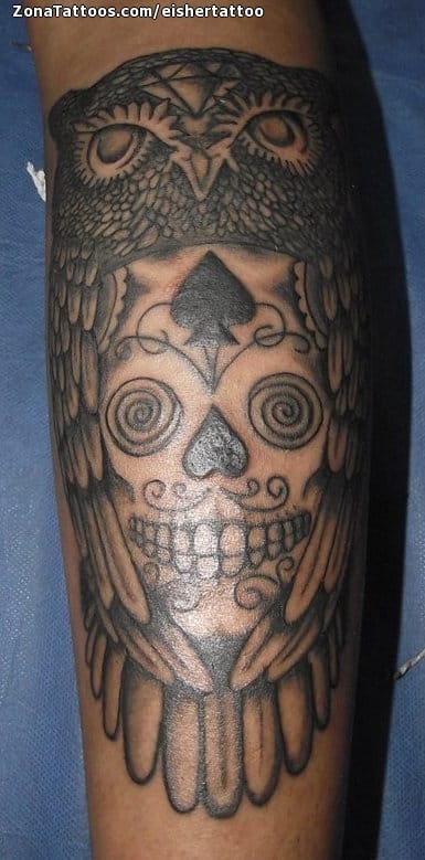 Tattoo photo Owls, Sugar Skull, Birds