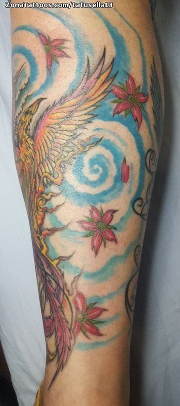 Tattoo photo Phoenix, Spirals, Flowers