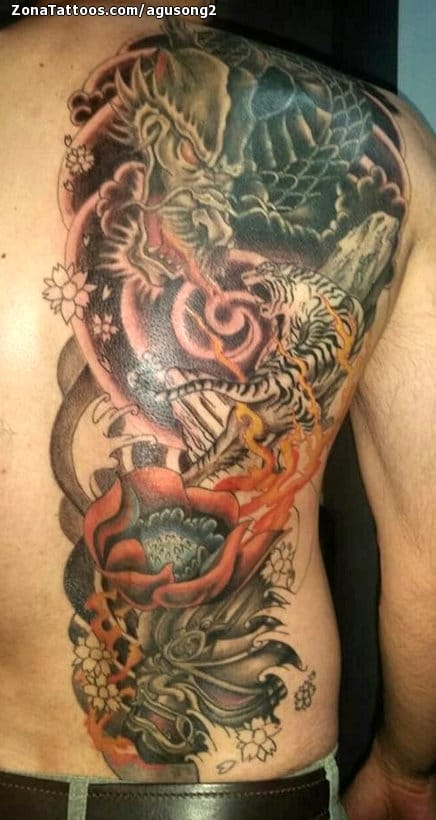 Foto de tatuaje Dragones, Tigres, Lotos