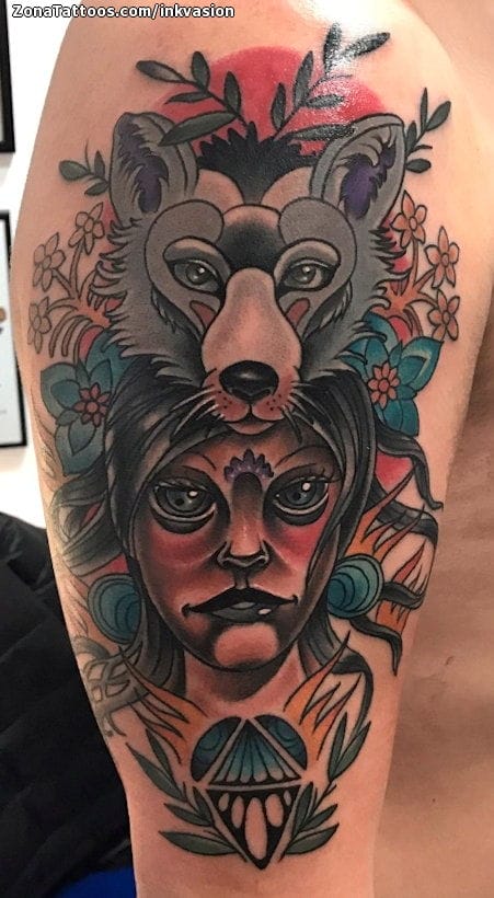 Foto de tatuaje Rostros, Lobos, Flores