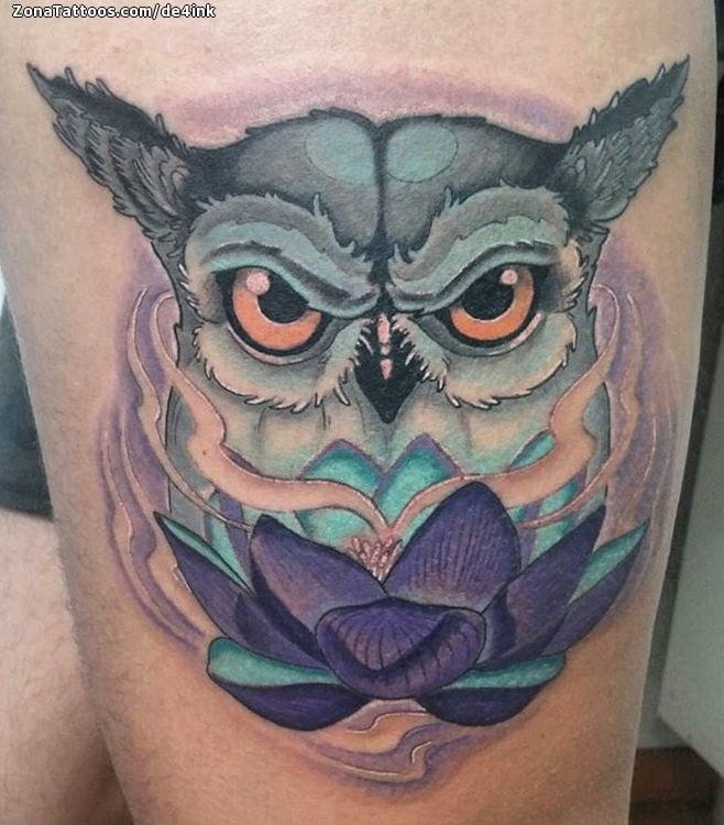 Tattoo photo Owls, Lotus, Flowers