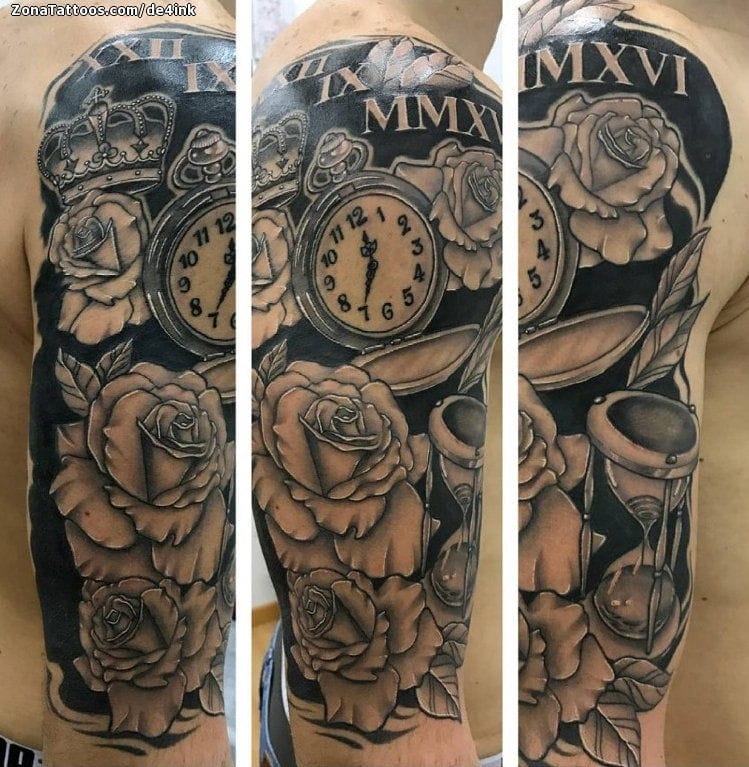 Tattoo of Clocks, Roses, Flowers