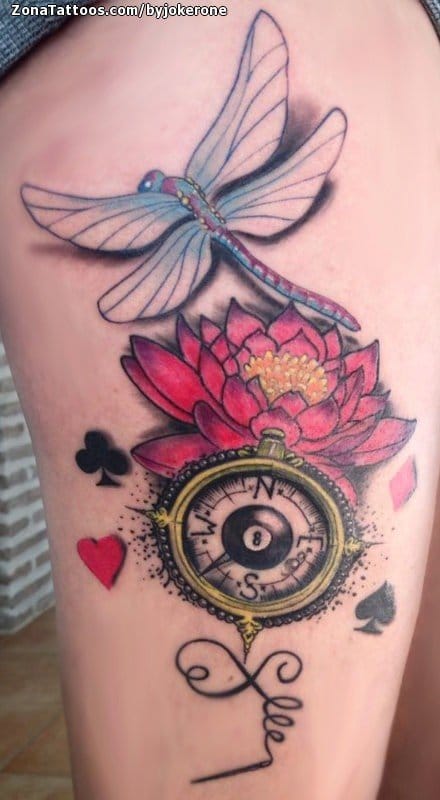 Tattoo photo Dragonflies, Compasses, Lotus