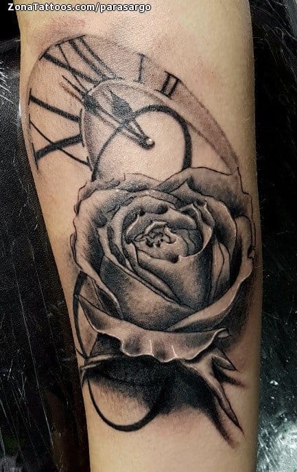 Tattoo photo Roses, Clocks, Flowers