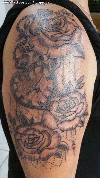 Tattoo photo Roses, Flowers, Clocks