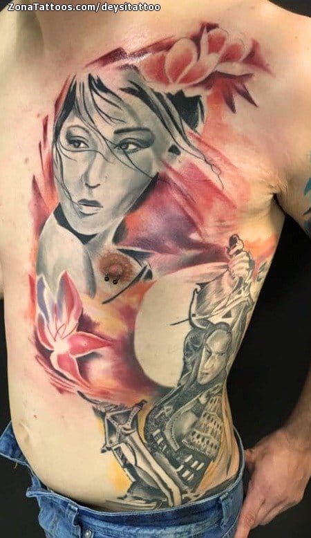 Tattoo photo Geisha, Samurai, Chest