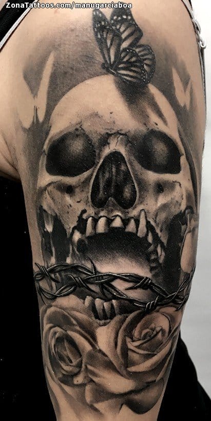 Tattoo photo Skulls, Barbwire, Roses