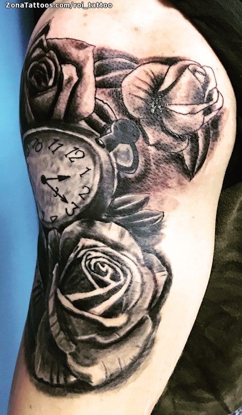 Tattoo photo Clocks, Roses, Flowers