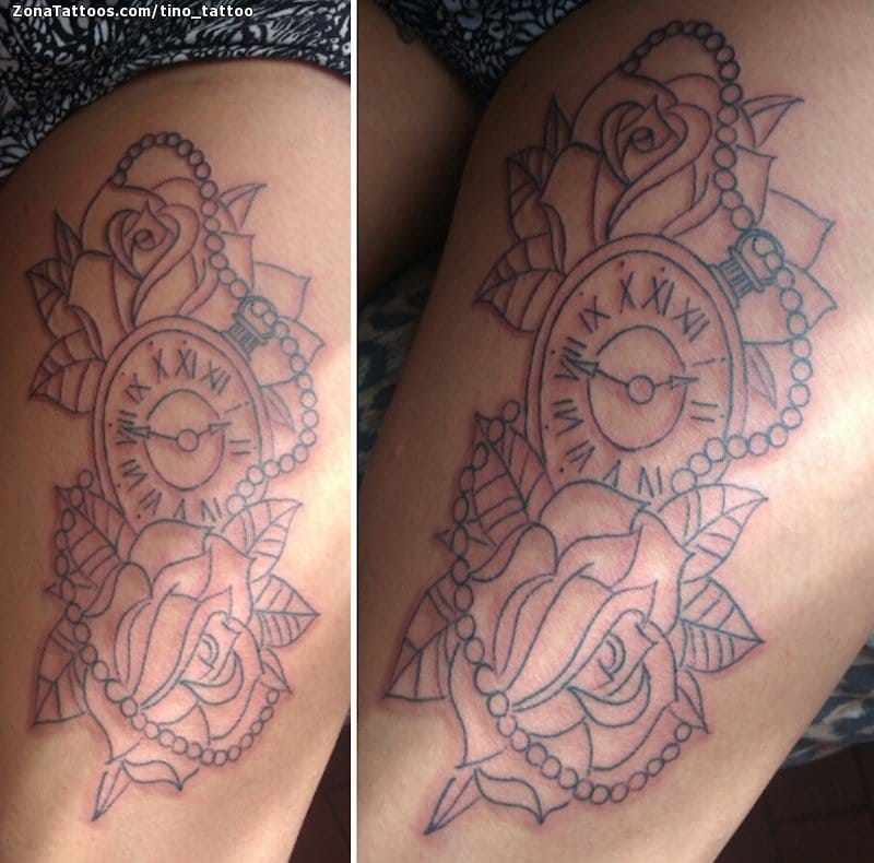 Foto de tatuaje Relojes, Rosas, Flores