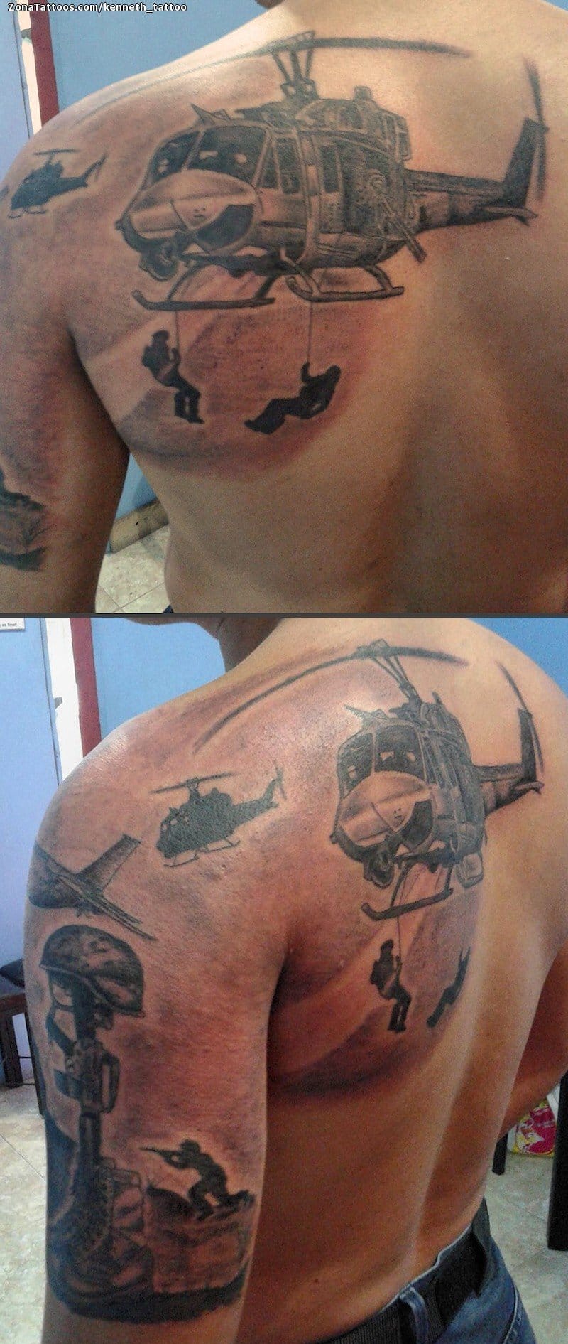 Foto de tatuaje Helicópteros, Soldados, Espalda