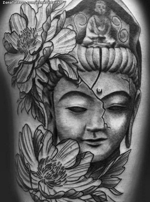 Tattoo of Buddha, Flowers, Peonies