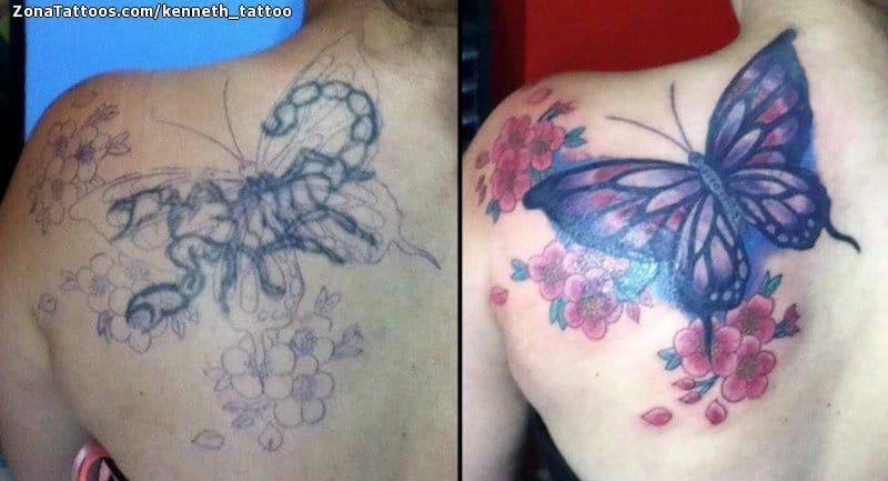 Foto de tatuaje Mariposas, Omóplato, Flores