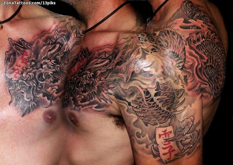 Grey Ink Flower And Chinese Tiger Tattoo On Chest And Shoulder