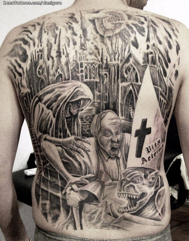 Tattoo photo Grim Reapers, Castles, Back