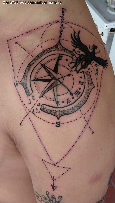 Tattoo photo Clocks, Compass rose, Phoenix