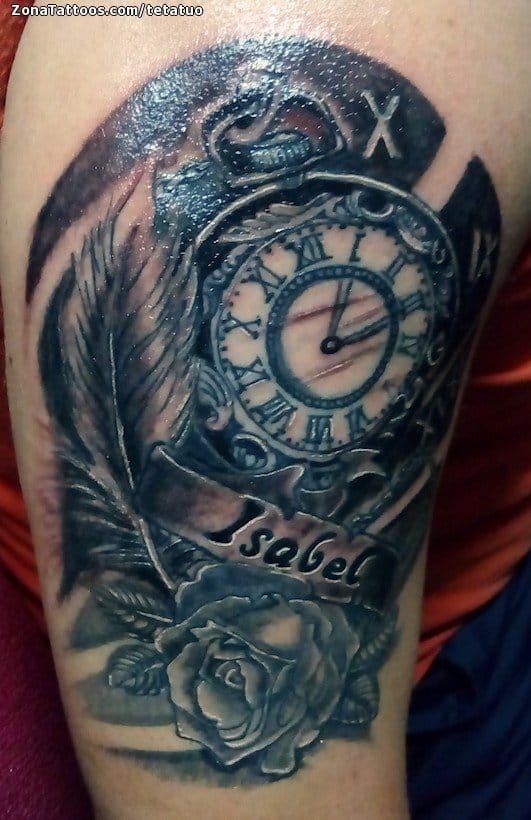 Foto de tatuaje Relojes, Plumas, Rosas