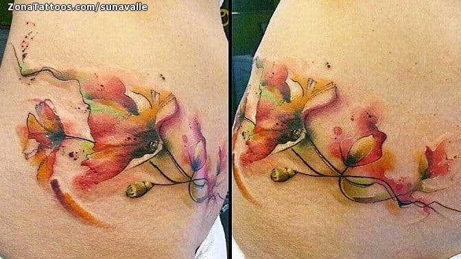 Foto de tatuaje Flores, Acuarela, Cintura