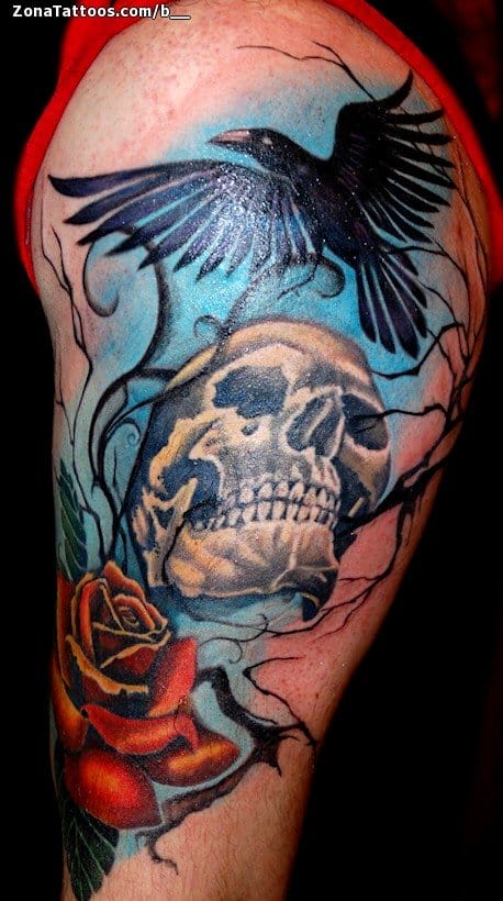 Foto de tatuaje Cuervos, Calaveras, Rosas