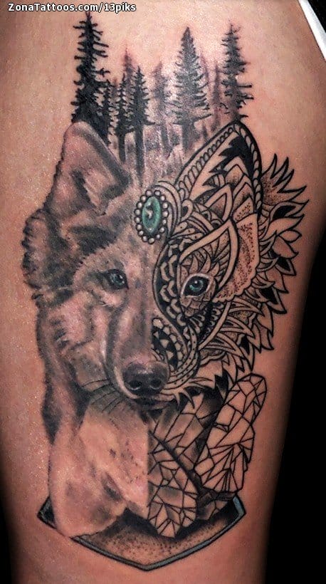 Foto de tatuaje Lobos, Animales, Árboles