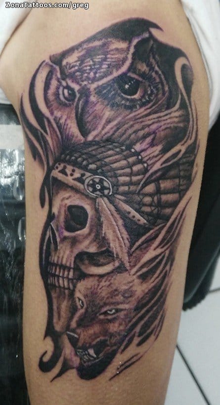 Tattoo photo Owls, Skulls, Indians