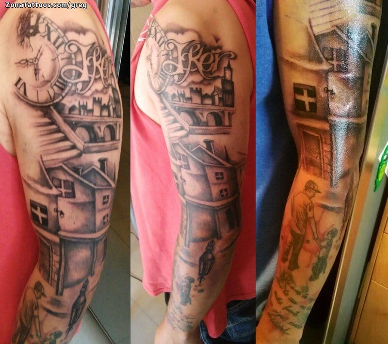 Foto de tatuaje Edificios, Mangas, Brazo