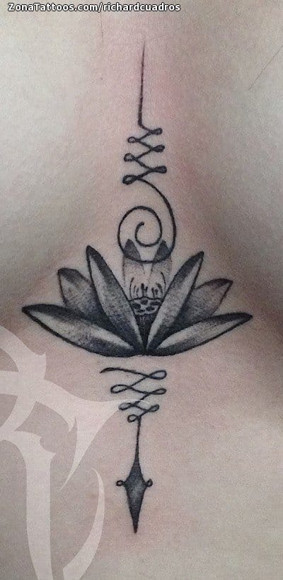 Tattoo tagged with: chest, dots, line, lotus | inked-app.com