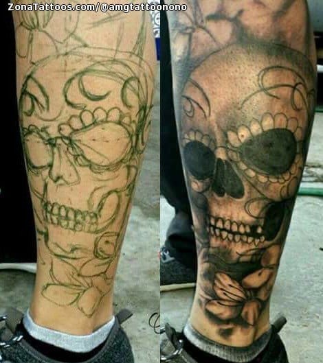 Foto de tatuaje Calaveras, Pierna, Góticos