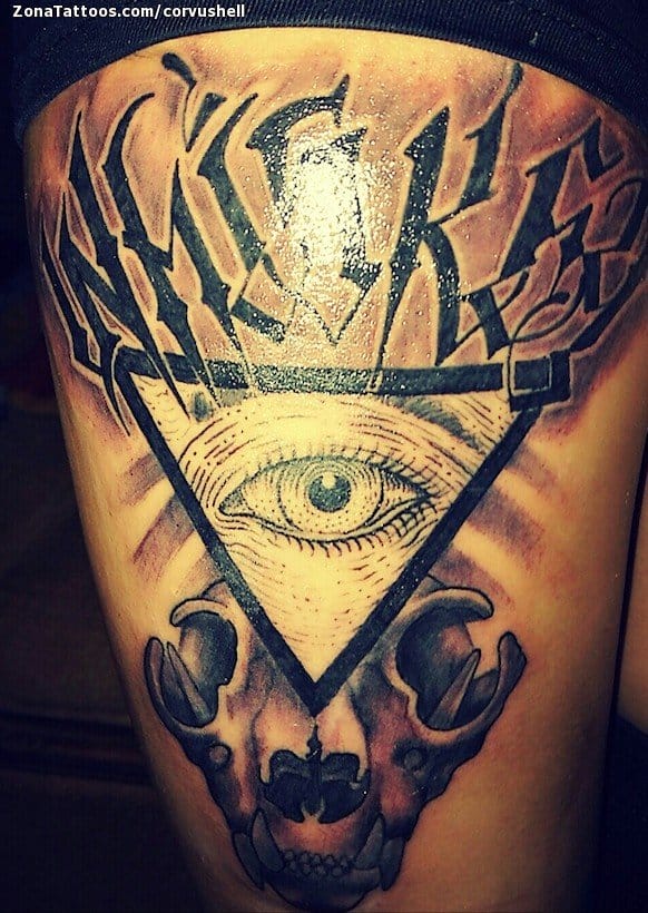 Foto de tatuaje Illuminati, Muslo, Esqueletos