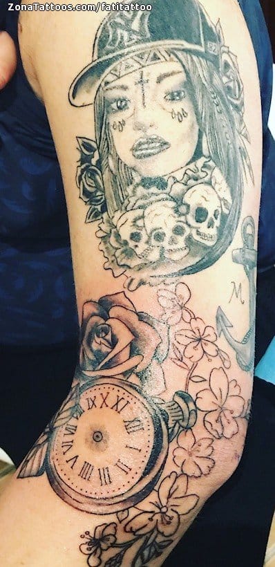 Tattoo photo Catrina, Clocks, Flowers
