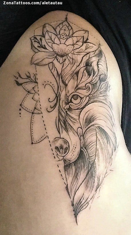 Tattoo photo Wolfs, Animals, Flowers