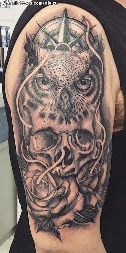 Tattoo photo Owls, Skulls, Roses